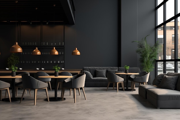 An modern interior restaurant full of grey furniture and black tables in simple and elegant style
