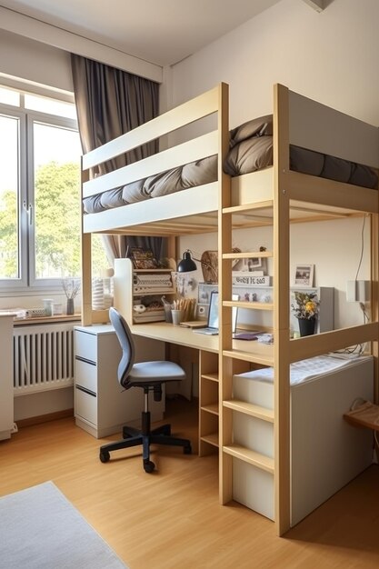 Modern interior of a room for a student with a bed and a desk with a computer