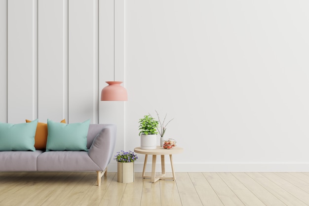 Modern interior room with plants and sofa in wooden table.