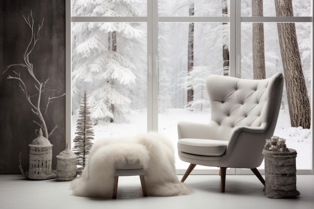 Modern interior style mixed with a vintage winter theme featuring a white chair