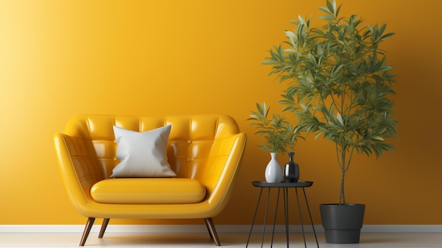 Modern interior wall mockup with armchair on empty yellow wall background