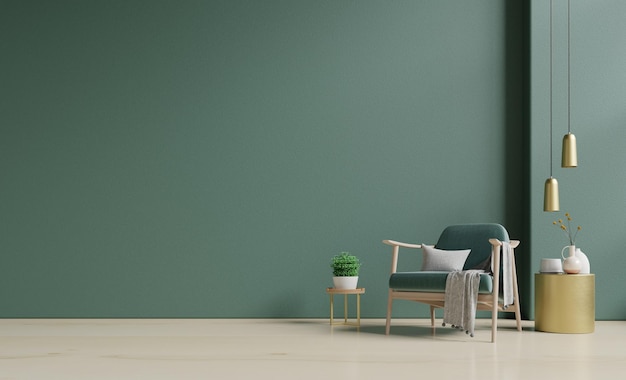 Modern interior of wall space with green armchair on empty dark green room