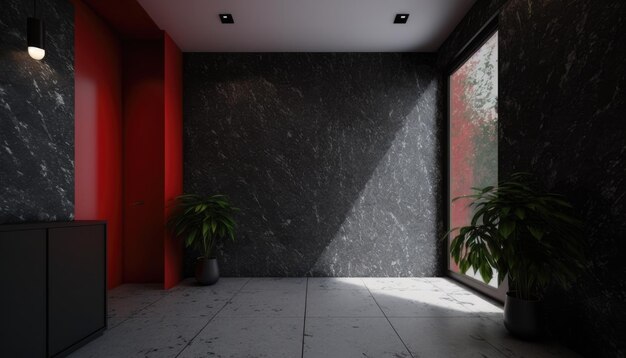 Modern interior wall with charcoal and red color generative ai