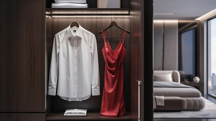 Photo modern interior wardrobe with shirt and dress in shelf