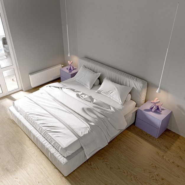 Modern interior white bedroom with purple bedside tables