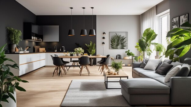 Modern interior of white kitchen with living room