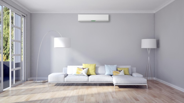 Modern interior with air conditioning 3D rendering illustration