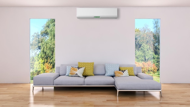 Modern interior with air conditioning 3D rendering illustration