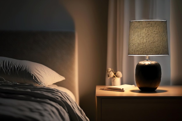 Modern interior with bedside lamp in hotel