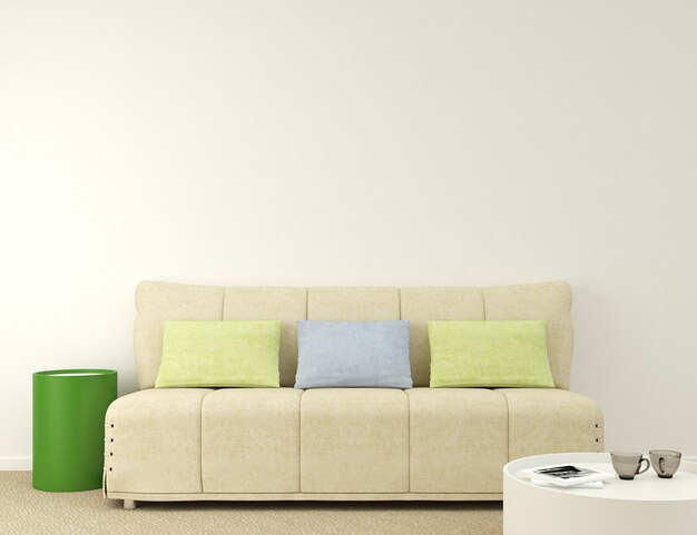 Modern interior with beige couch near empty white wall. 3d render. Photo on book cover was made by me.