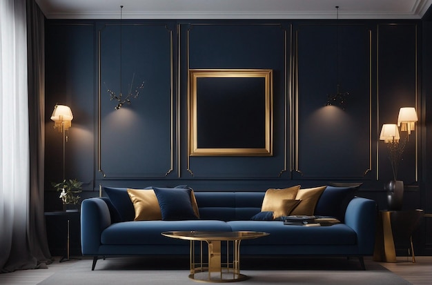 Modern interior with blue sofa gold pillows and picture frame on dark wall