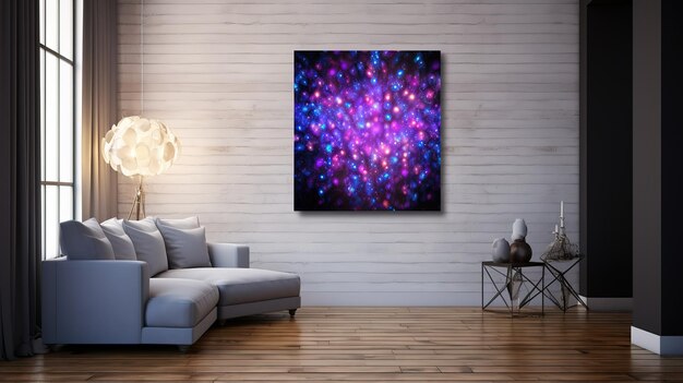 Modern interior with a bright fluorescent painting in the center of the room accent fantasy art