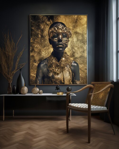 modern interior with chair and painting of african person on the wall