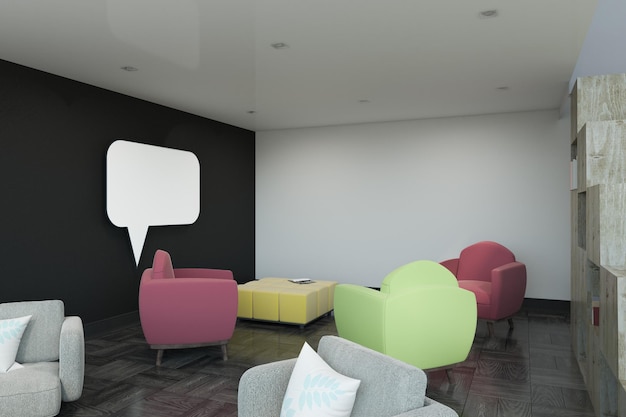 Foto interni moderni con sedie e finestra di chat vuota