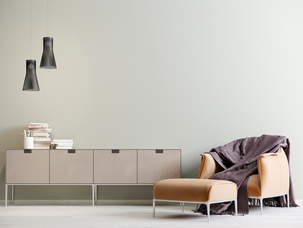Современный интерьер с комодом и стулом в современном стиле с пустой стеной 3D рендеринга