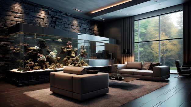Современный интерьер с большим аквариумом, роскошная гостиная богатого дома, генеративная AI Концепция эко-дизайна дома, природный декор, современная вилла