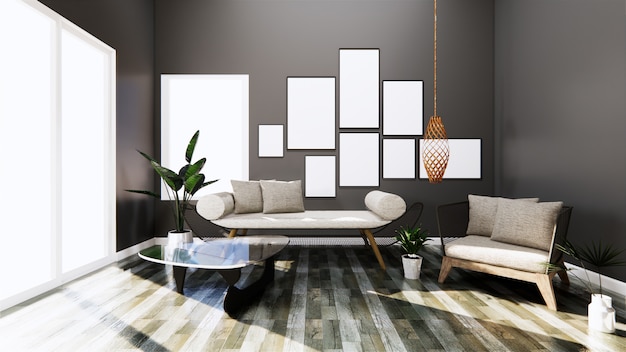 Modern interior with sofa and arm chair on room dark Wall and floor wooden tiles. 3D rendering