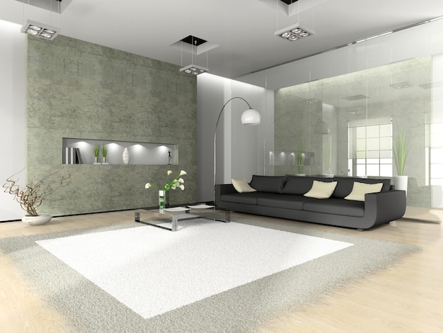 Photo modern interior with sofa and white carpet