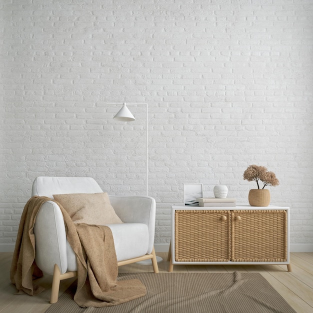 Modern interior with white brick wall armchair lamp and wood tone furniture