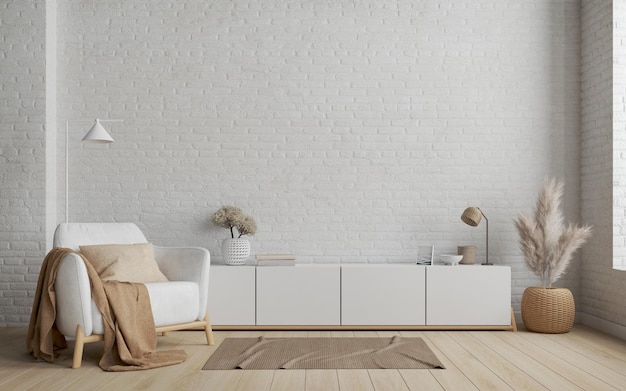 Photo modern interior with white brick wall and wood tone furniture