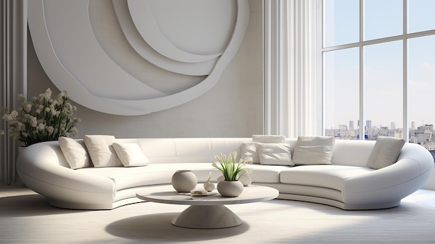 Modern interior with white sofa panorama 3d rendering