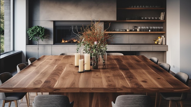 modern interior with wooden dining table