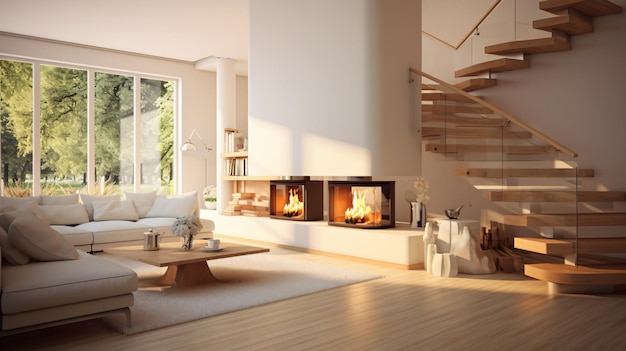 Modern interior wohnzimmer mit kamin un treppe