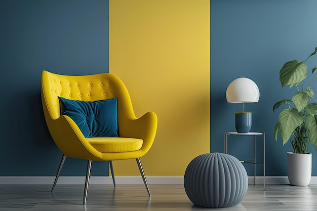 Modern interiors have yellow armchairs Blueyellow wall background