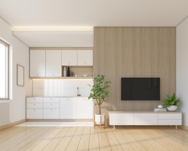 Modern japan style living room decorated with minimalist tv cabinet and and kitchen white wall and wood slat wall 3d rendering