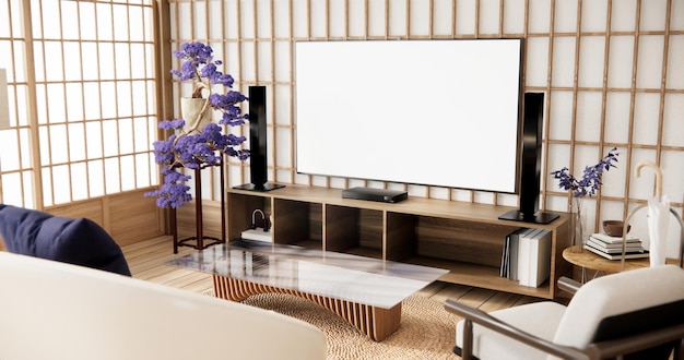 Photo modern japan style and purple decorated with cabinet on white wall
