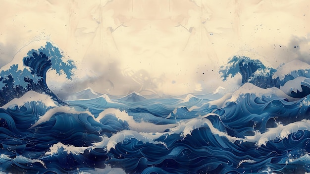 Foto sfondio giapponese moderno con elementi d'onda modello di linea blu vintage con oggetti e onde oceaniche