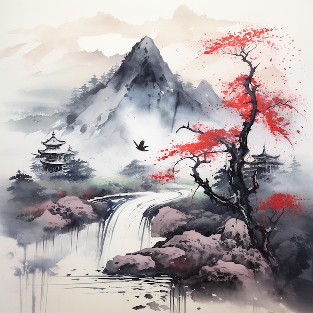 Modern Japanese Ink Wash Floral Painting