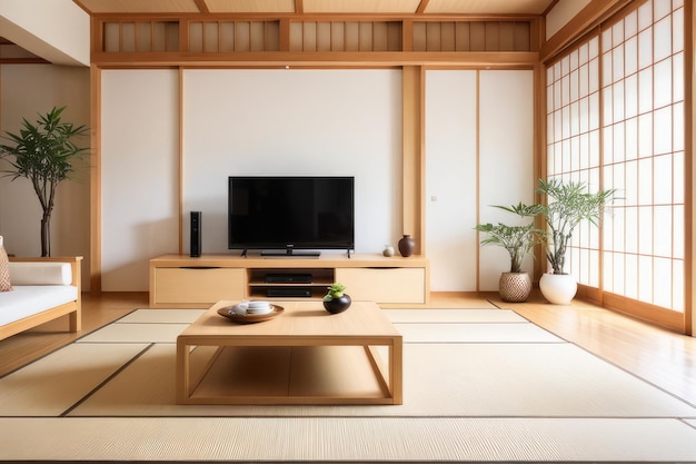 Modern Japanese Interior with Wooden Accents and Cozy Ambient Lighting