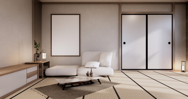 Modern japanese living room interior, sofa and cabinet table on room white wall background.3d rendering