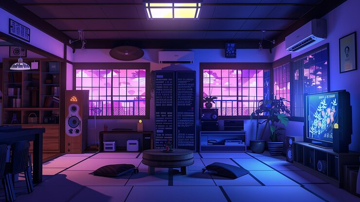 Photo modern japanese living room with sunset view and futuristic tv