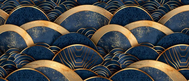 Modern Japanese pattern with a gold and blue geometric background