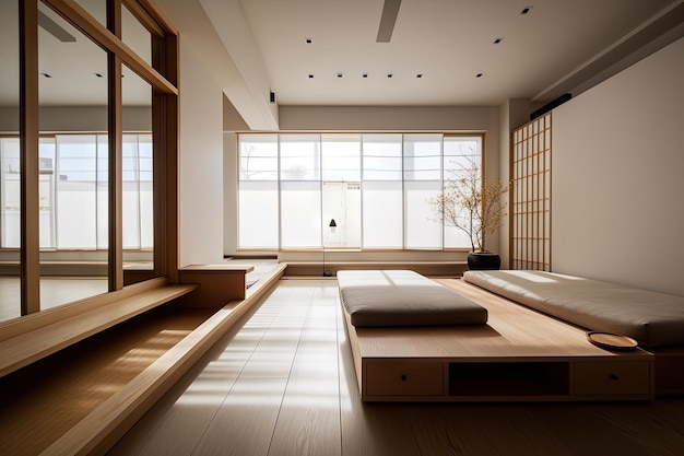 Modern japanese style interior with sleek lines and minimalist aesthetic created with generative ai