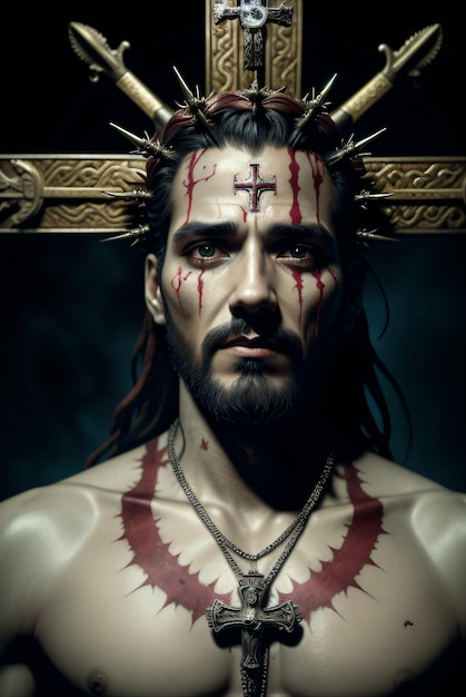 Современный Иисус Христос в гиперреалистичном стиле со шрамами на лице
