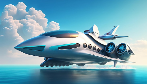 Modern jet on top of the ocean with blue sky generative ai