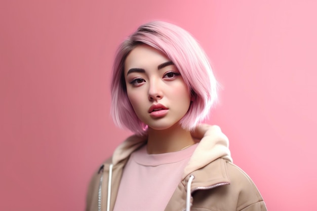 Modern jong Aziatisch meisje met roze kort haar gezonde gladde huid kijkend naar camera Generatieve AI
