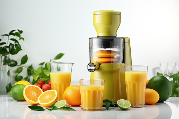 Photo modern juicer with fresh citrus fruits and glass of juice on white background