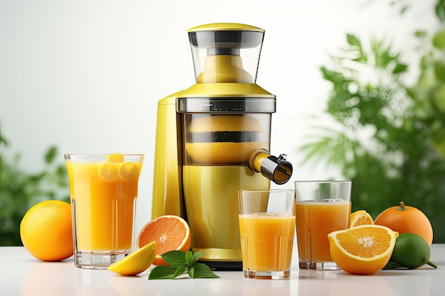 Photo modern juicer with fresh citrus fruits and glass of juice on white background