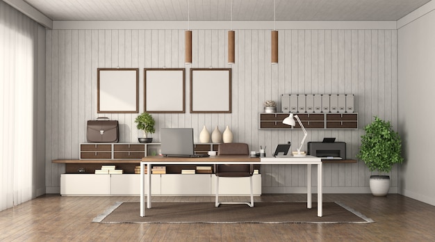 Modern kantoor interieur met bureau dressoir en houten muur op achtergrond