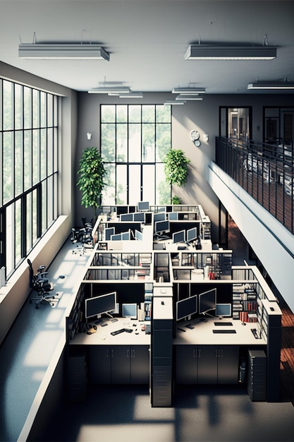 Modern kantoorinterieur met bureaus, computers en ramen gemaakt met behulp van generatieve AI-technologie