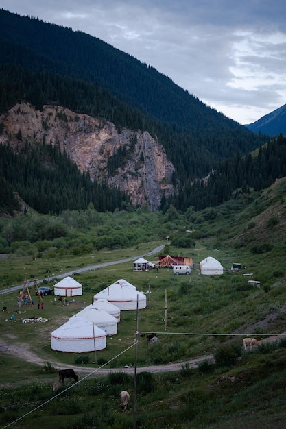 Photo modern kazakh tourism in the style of a nomadic lifestyle in yurts near the mountains