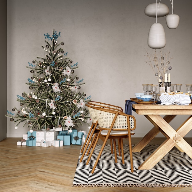 Modern kerstinterieur in blauwe tinten. 3D-rendering.