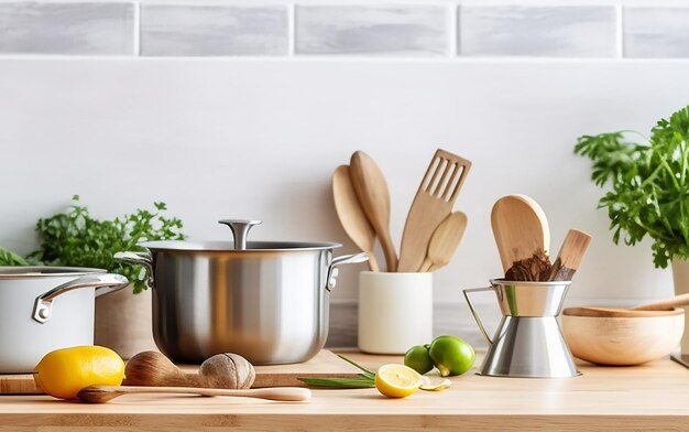 Modern keukenaanrecht met huishoudelijk kookgerei erop, gezond kookconcept voor thuis