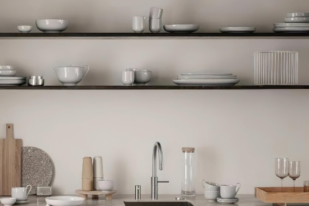 Modern keukeninterieur in minimalistische stijl met gootsteen en kraan en rek met wit keramisch meubilair