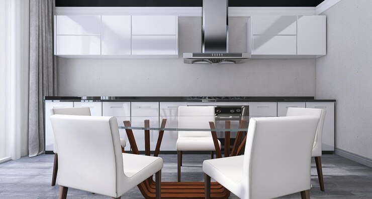 Foto modern keukeninterieur met keukenkast eettafel eetkamerstoelen schoorsteen