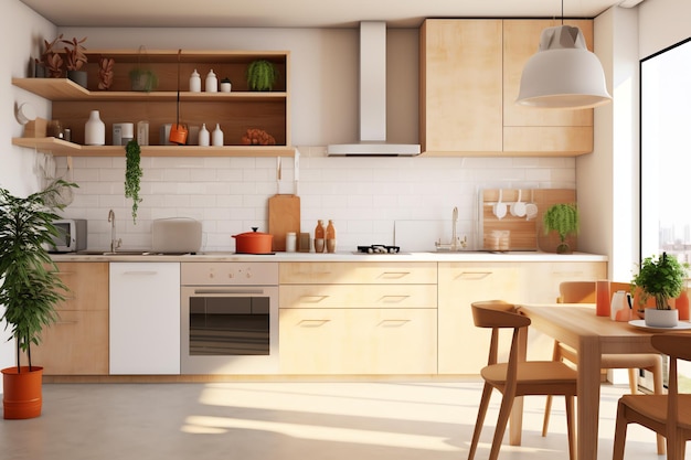 Modern keukeninterieurontwerp in appartement of huis met meubels Luxe scandinavische keuken